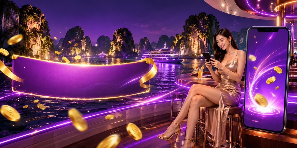 Khung cảnh vịnh Hạ Long với ánh đèn neon biểu tượng thưởng cashback tại xm2