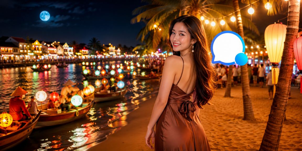 Người dùng xem kết quả baccarat trực tuyến tại quán cà phê phố cổ Hội An buổi tối