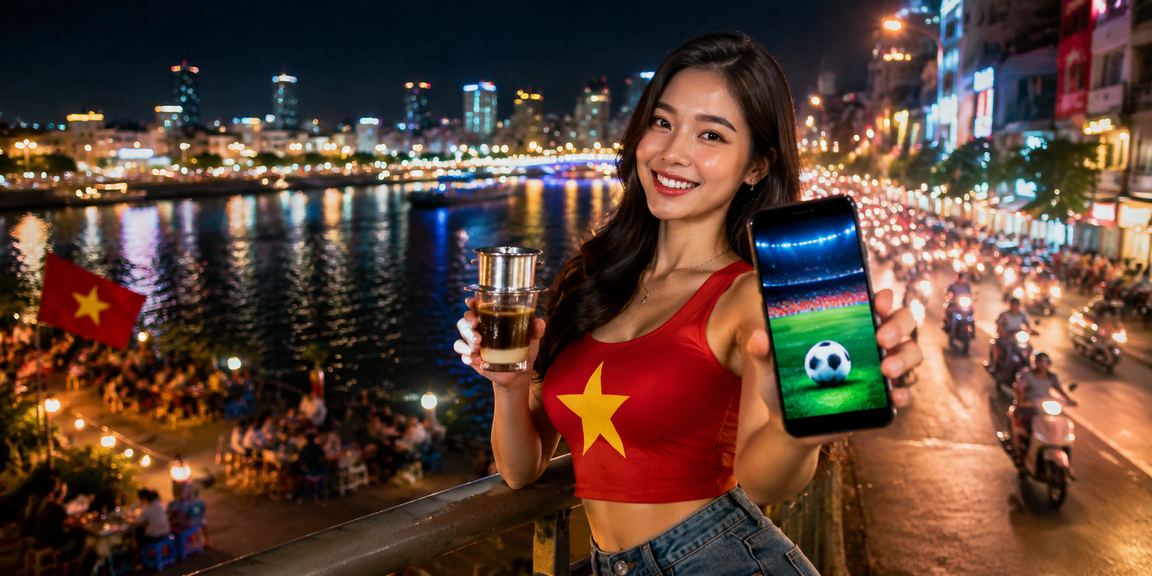Người dùng xem kèo bóng đá tại quán cà phê vùng Mekong trên điện thoại